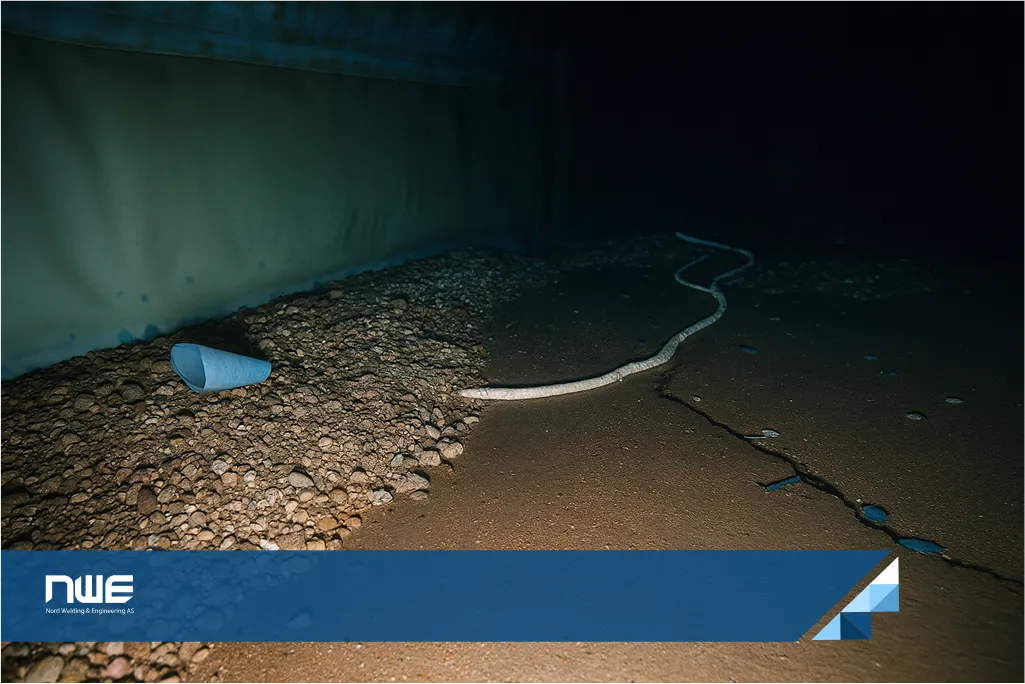 ROV image inside a concrete water tank showing deteriorated floor-joint sealant, sediment build-up, and debris on the tank floor.