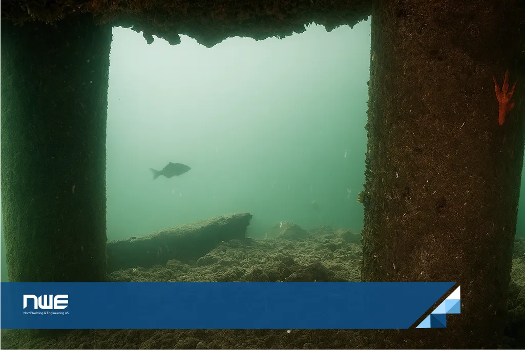 ROV photo of underwater pier columns with marine growth, confirming stability during post-collision inspection.