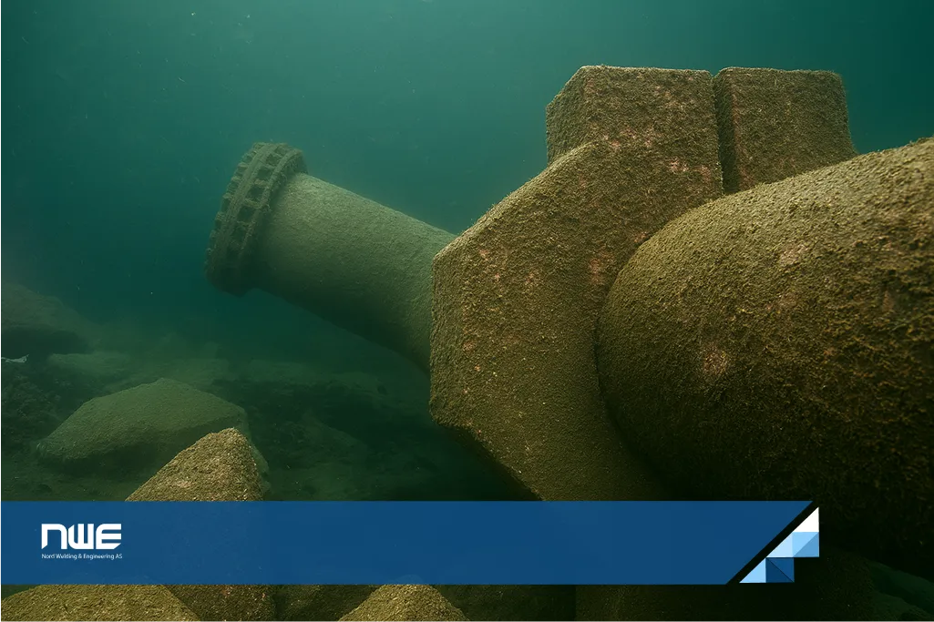 ROV image of a 24-inch subsea pipeline with concrete weights installed to stabilize the line during integrity inspection.