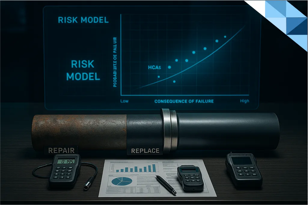Ultra-realistic control room desk with corroded and new pipeline cross-sections, inspection tools, financial charts, and a glowing holographic risk assessment dashboard.