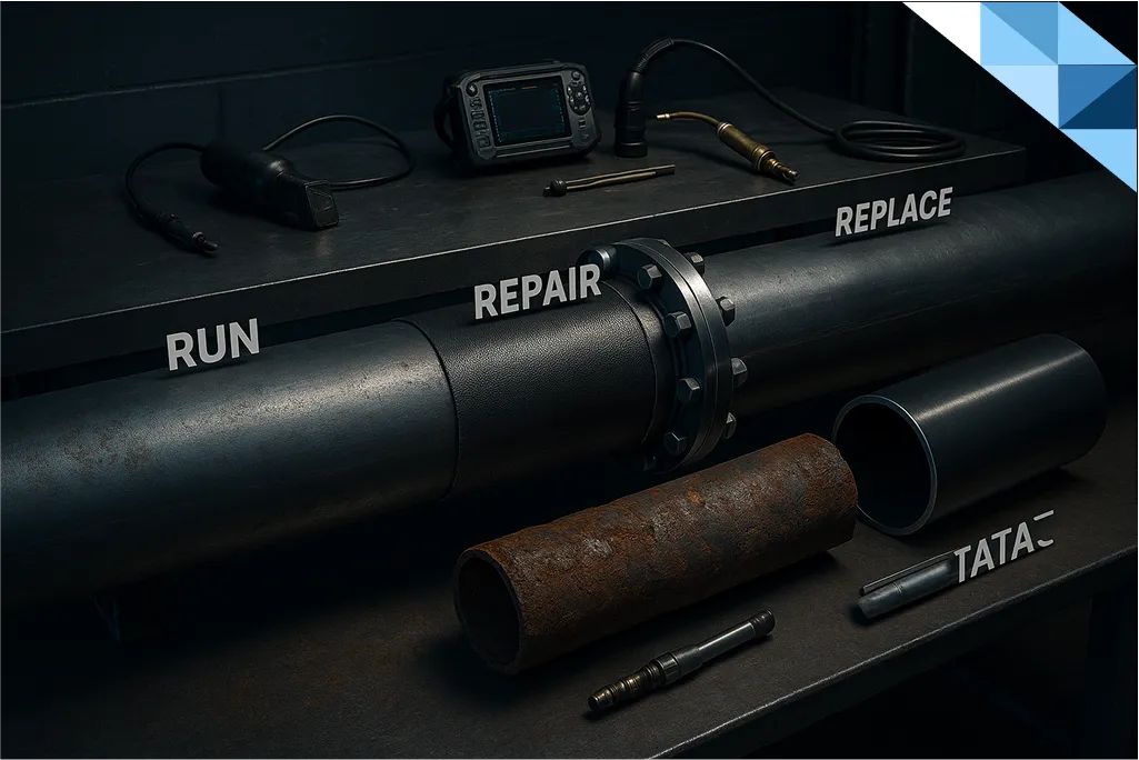 Cinematic ultra-realistic pipeline cross-section on inspection table, showing three stages — Run, Repair, and Replace — with premium NDT tools, under blue-toned industrial lighting.