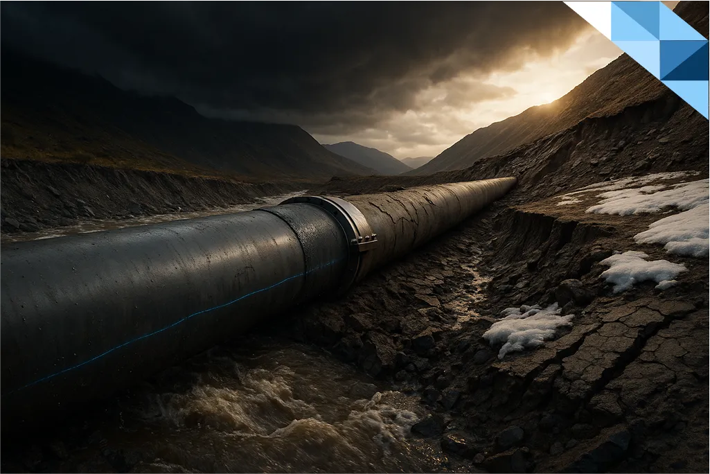 Hyper-realistic mountain valley scene with a steel pipeline exposed to floodwaters, soil cracks, frost patches, and storm clouds, symbolizing climate and geohazard risks.