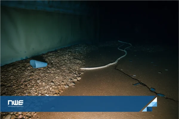 ROV image inside a concrete water tank showing deteriorated floor-joint sealant, sediment build-up, and debris on the tank floor.