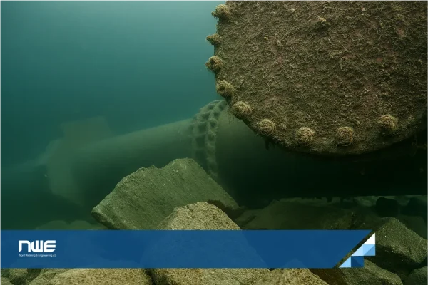 Subsea photo of a 24-inch river-crossing pipeline surrounded by rocks, inspected by ROV during leak detection survey in Kristiansand.
