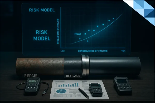 Ultra-realistic control room desk with corroded and new pipeline cross-sections, inspection tools, financial charts, and a glowing holographic risk assessment dashboard.