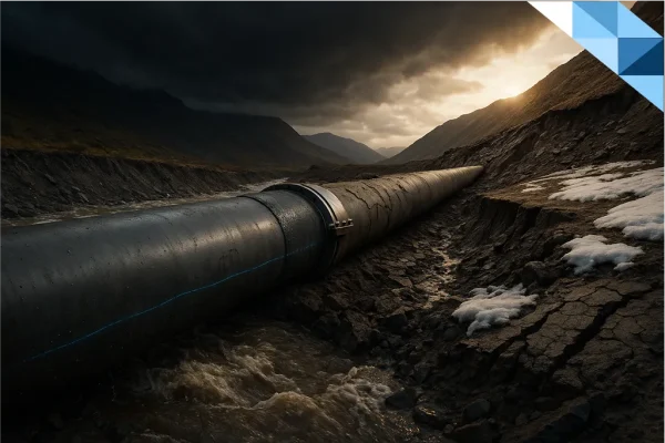 Hyper-realistic mountain valley scene with a steel pipeline exposed to floodwaters, soil cracks, frost patches, and storm clouds, symbolizing climate and geohazard risks.